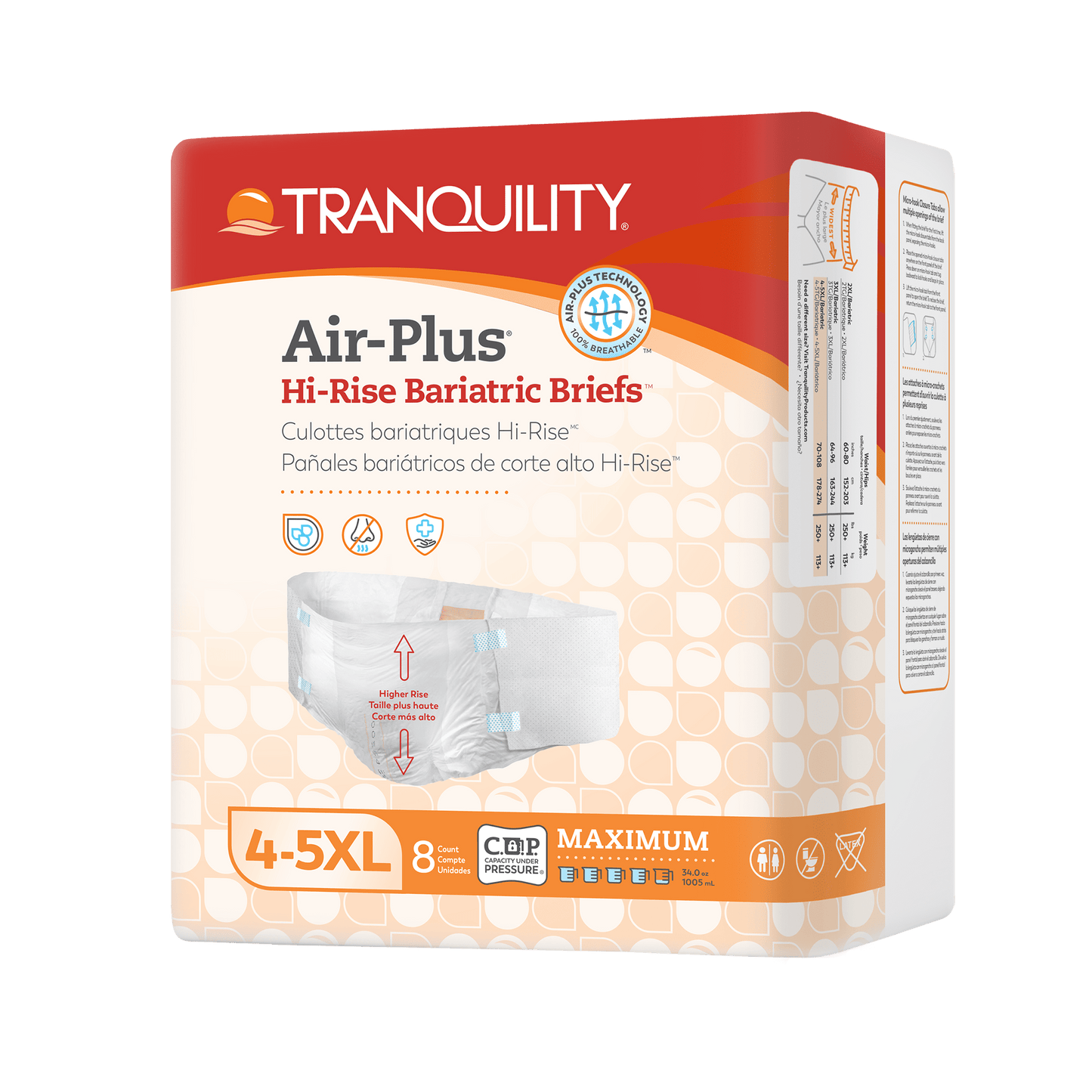 Tranquility Air-Plus hi-rise bariatric briefs, 4XL–5XL, disposable in-pack with 8 count