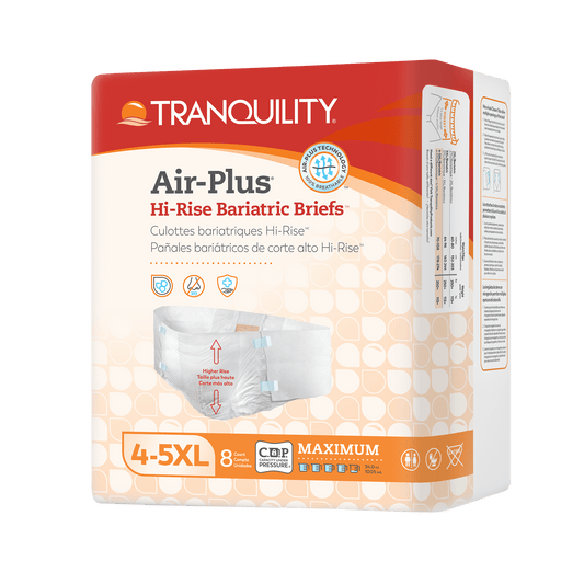 Tranquility Air-Plus hi-rise bariatric briefs, 4XL–5XL, disposable in-pack with 8 count