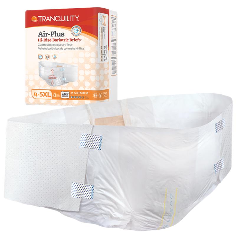 White Air-Plus hi-rise bariatric briefs, 4XL–5XL disposable brief with blue tabs