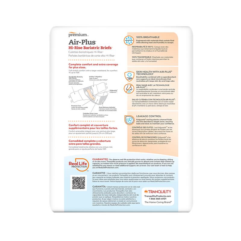 Back of package for Air-Plus hi-rise bariatric briefs with comfort and skin health details