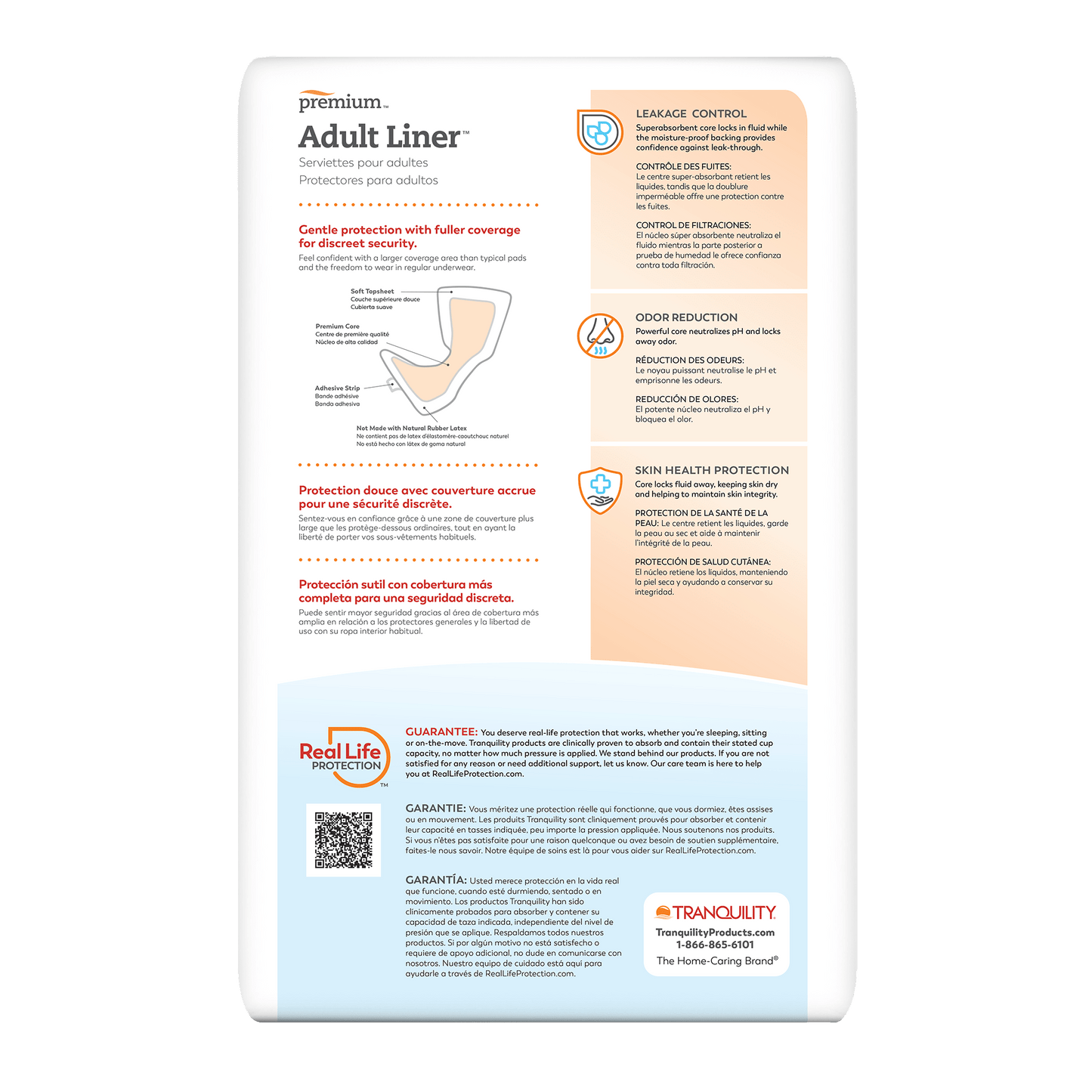 Adult liner box information panel with protection features and guarantee text