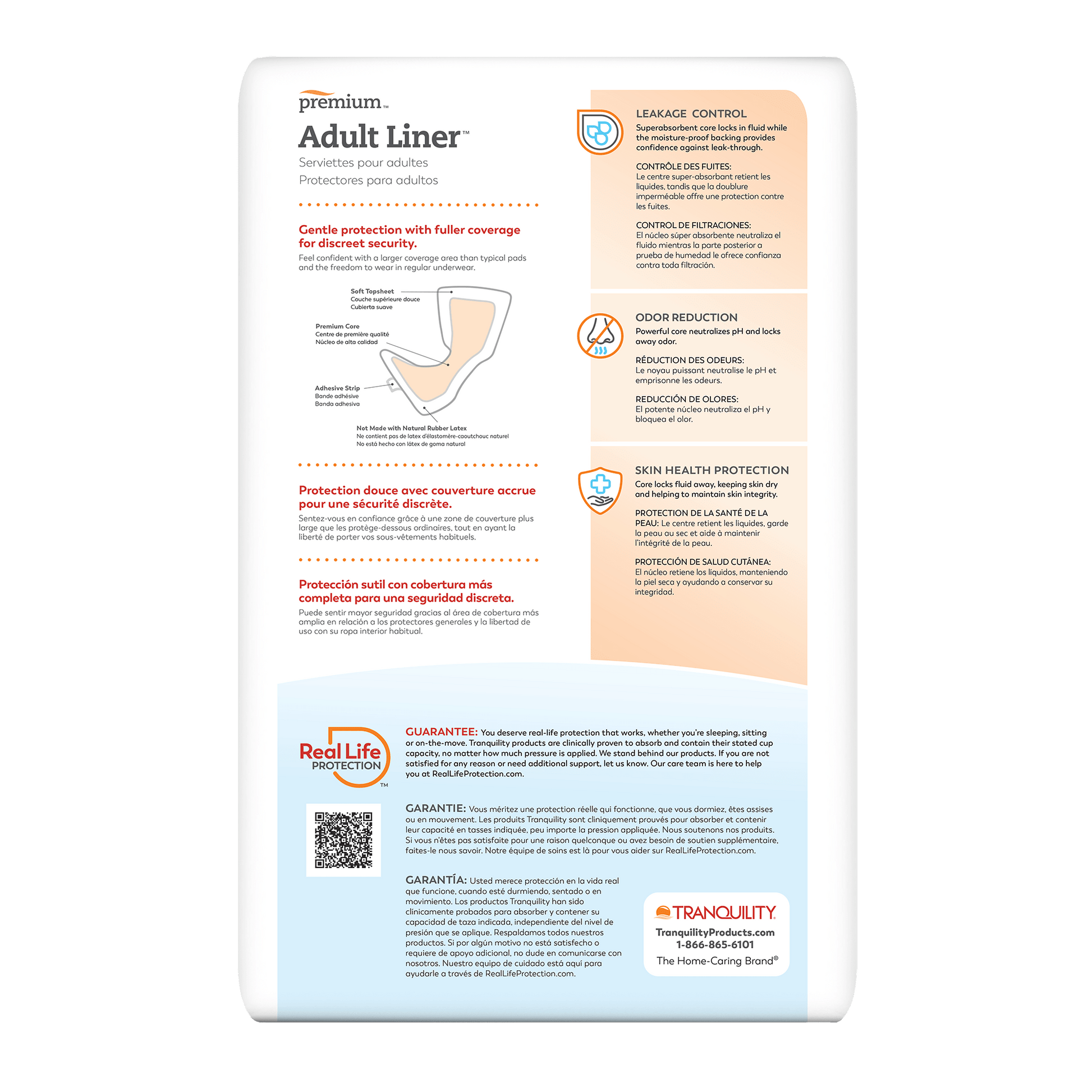Adult liner box information panel with protection features and guarantee text