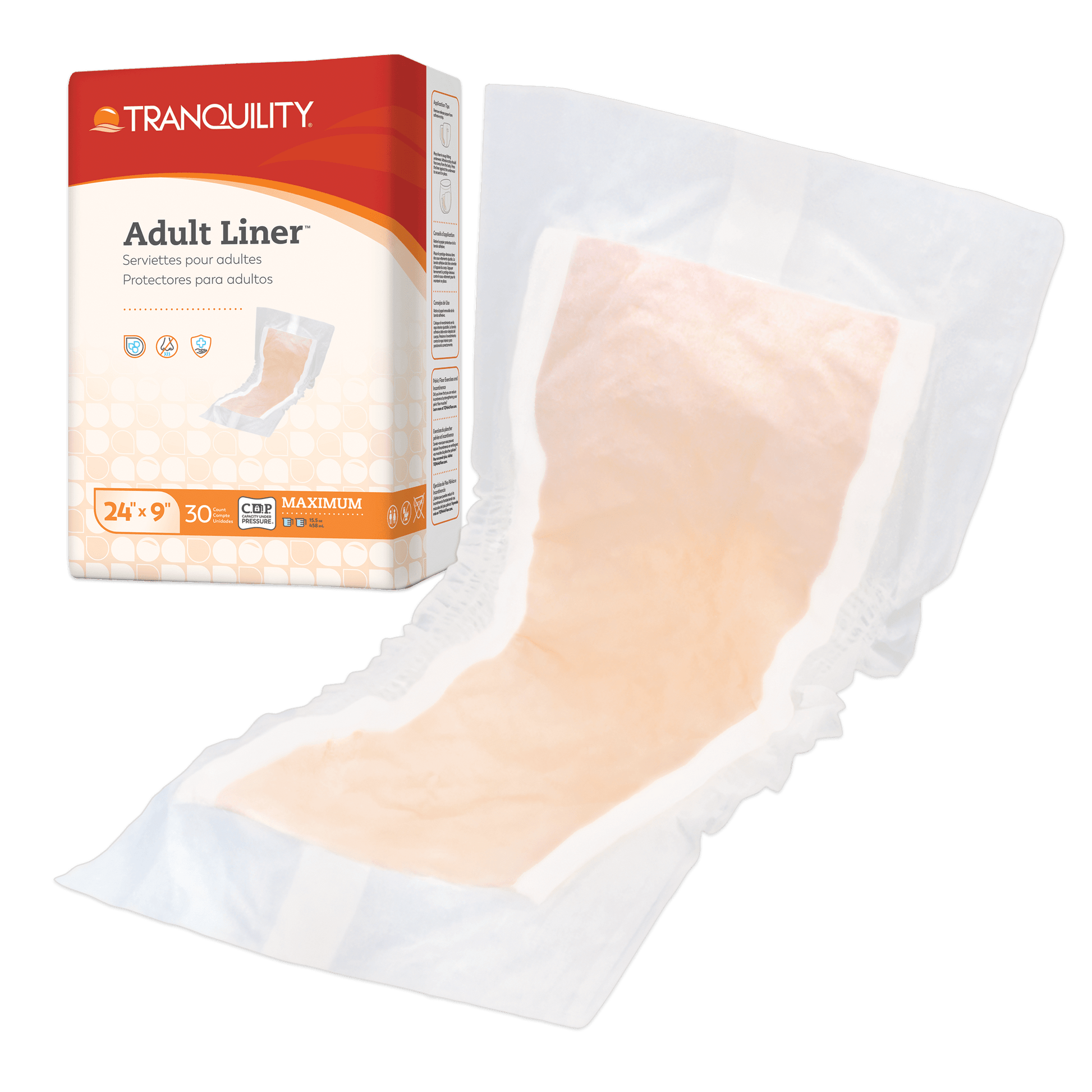 Adult liner 24x9 pack of 30, front box and protective pad with beige core