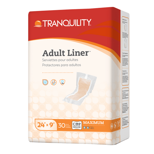 Adult Liner box, 24x9, 30 count pack, protective adult pad shown on front