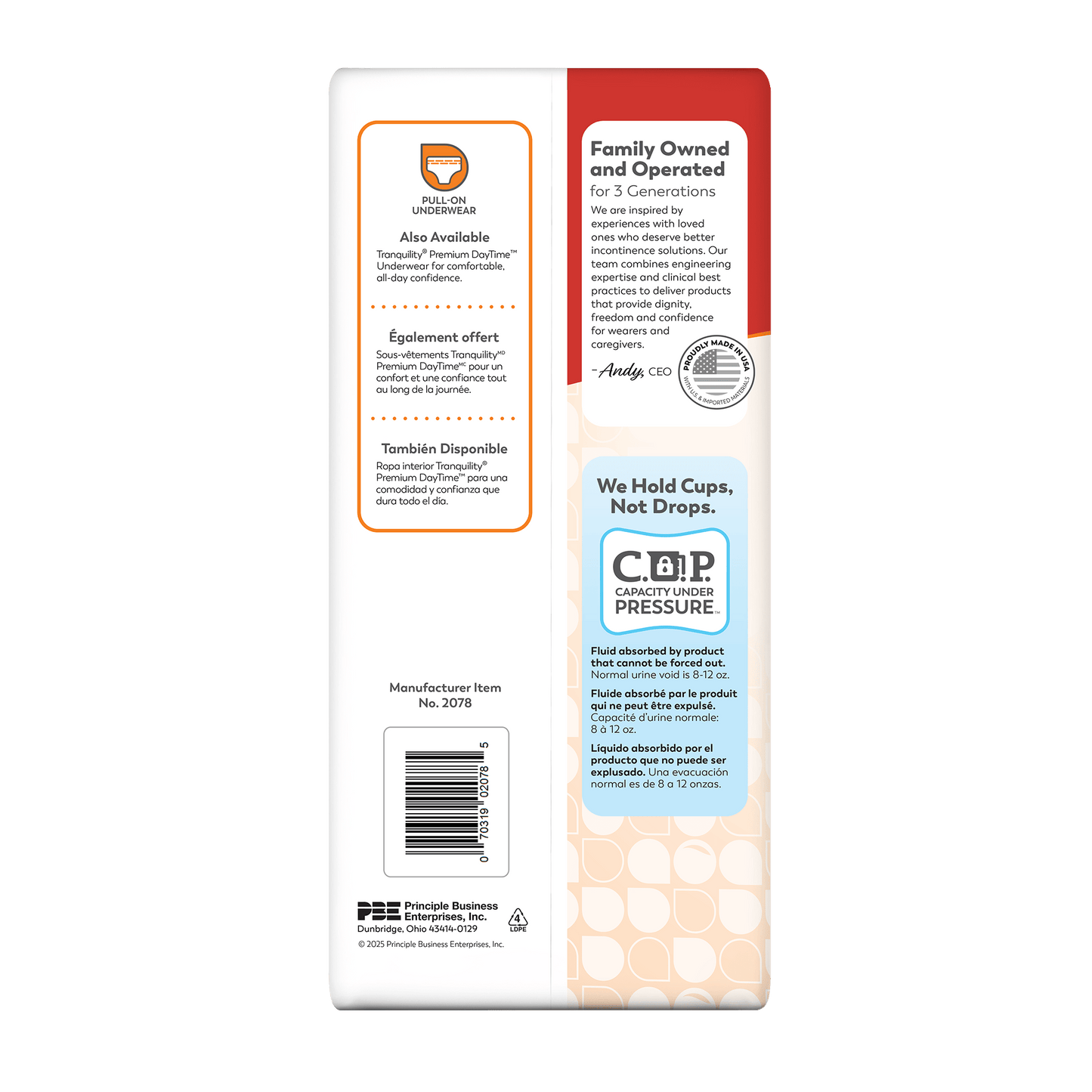 Adult liner box side panel with pull-on undergarment info and certifications