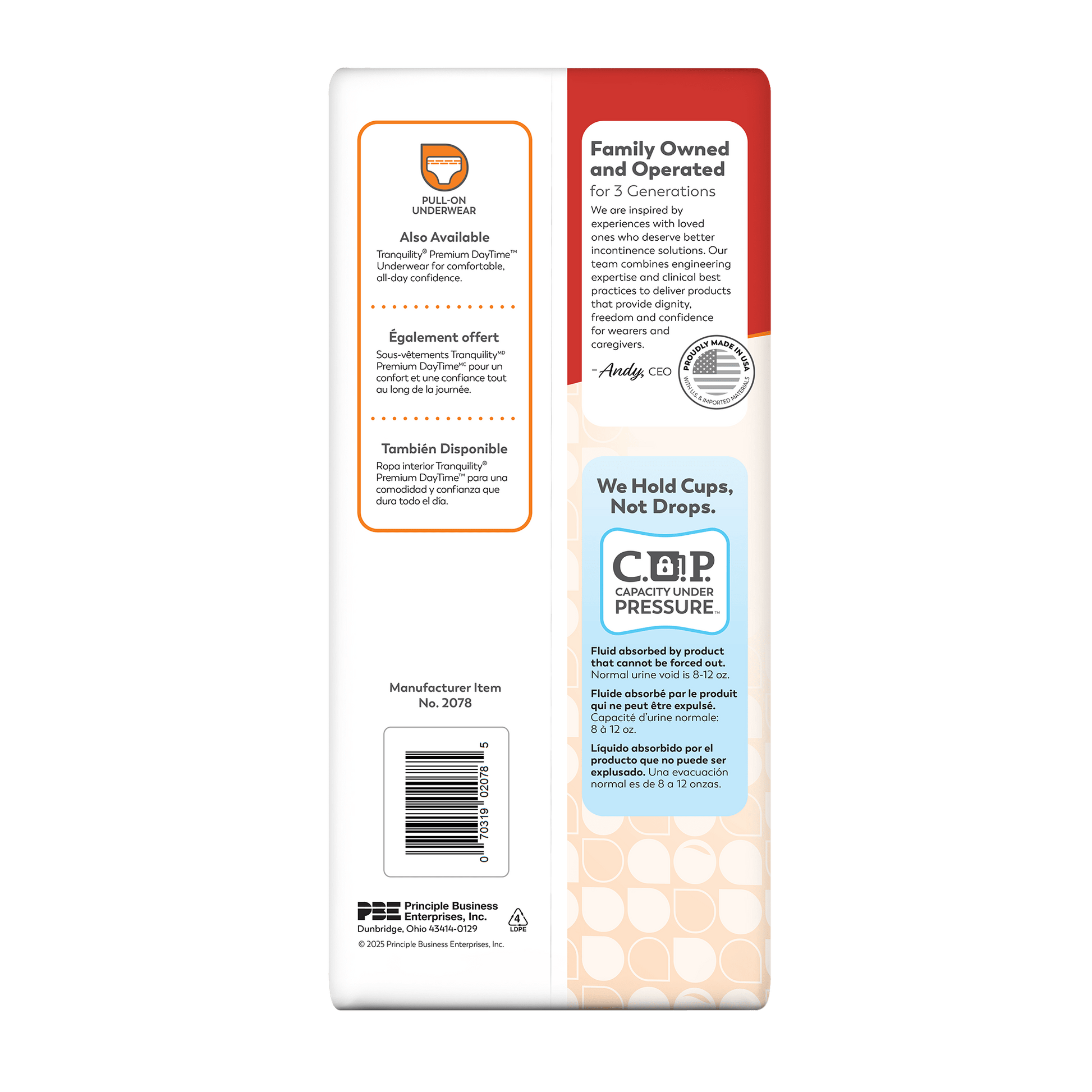 Adult liner box side panel with pull-on undergarment info and certifications