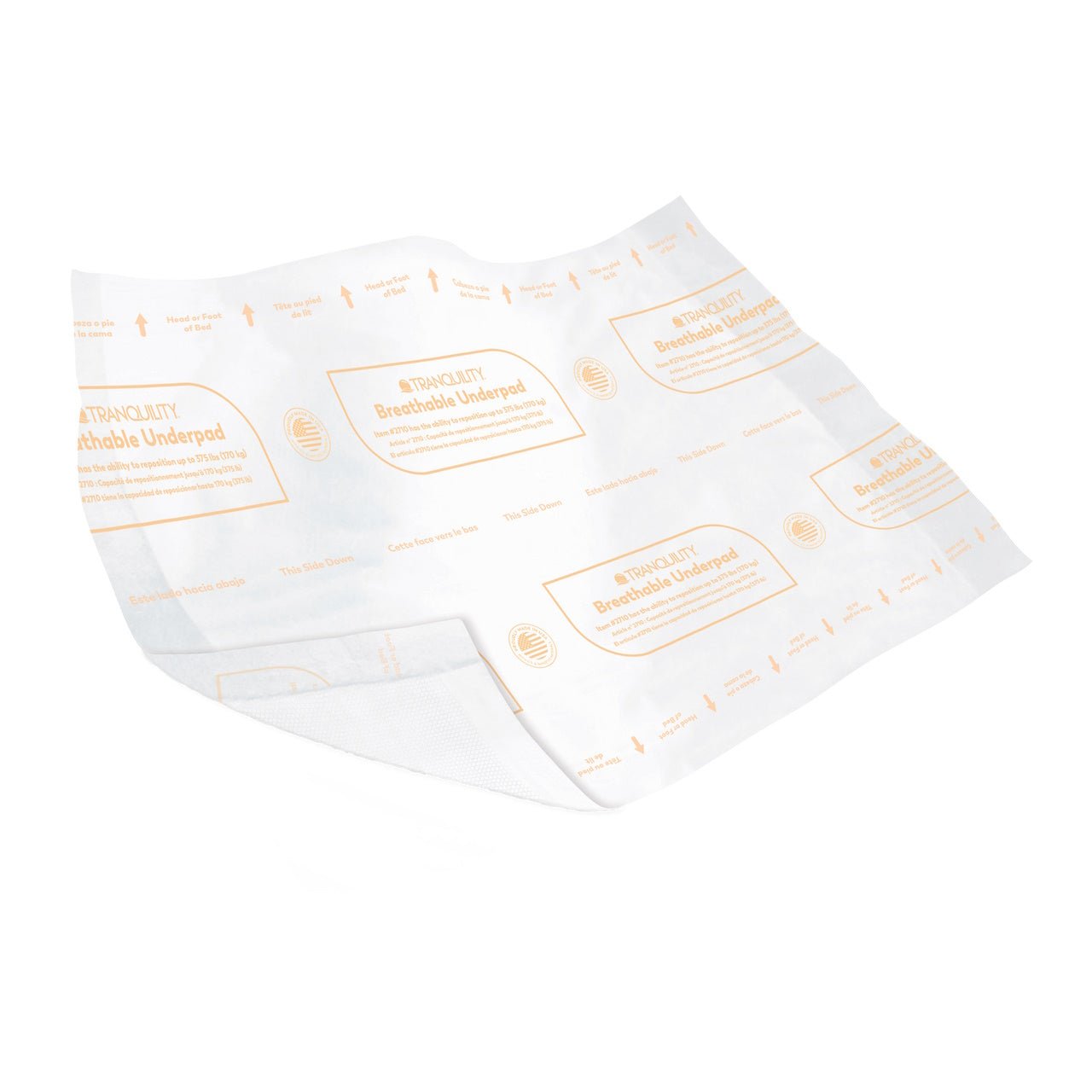 Folded Air-Plus breathable underpads with orange branding, disposable absorbent pads