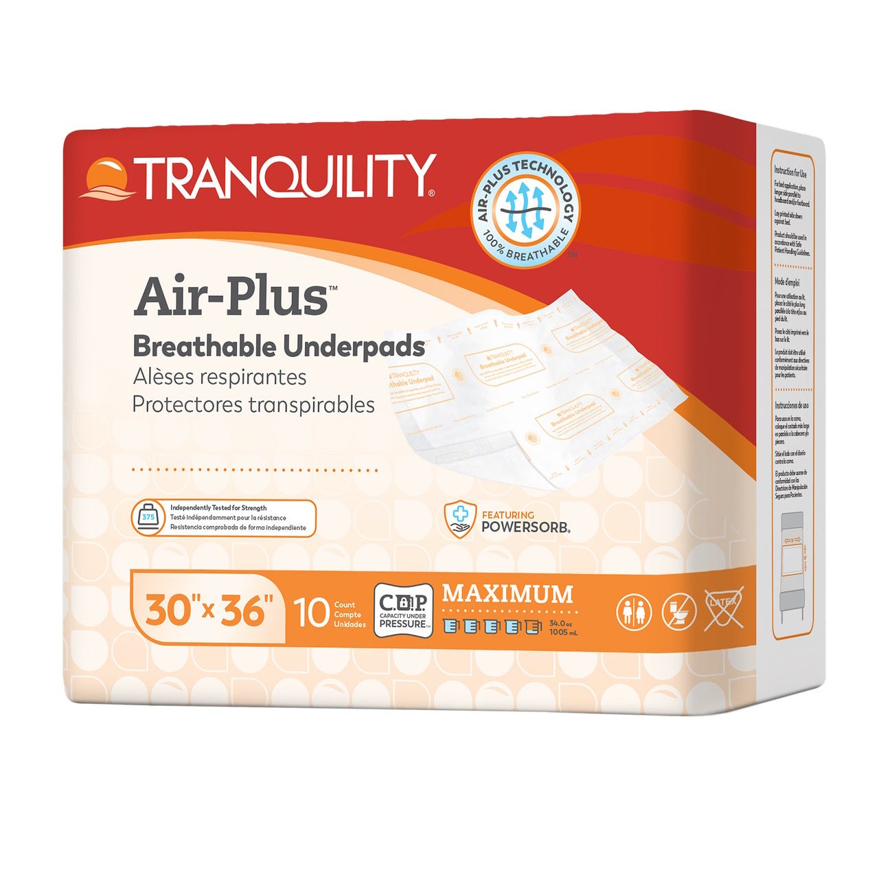 Tranquility Air-Plus breathable underpads, 30" x 36", 10-count pack