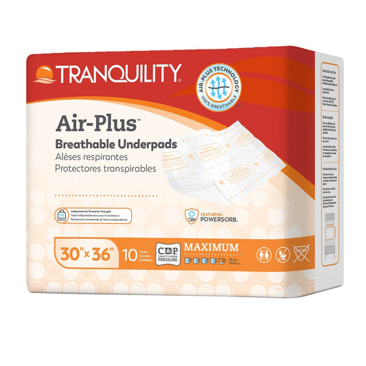 Tranquility Air-Plus breathable underpads, 30" x 36", 10-count pack