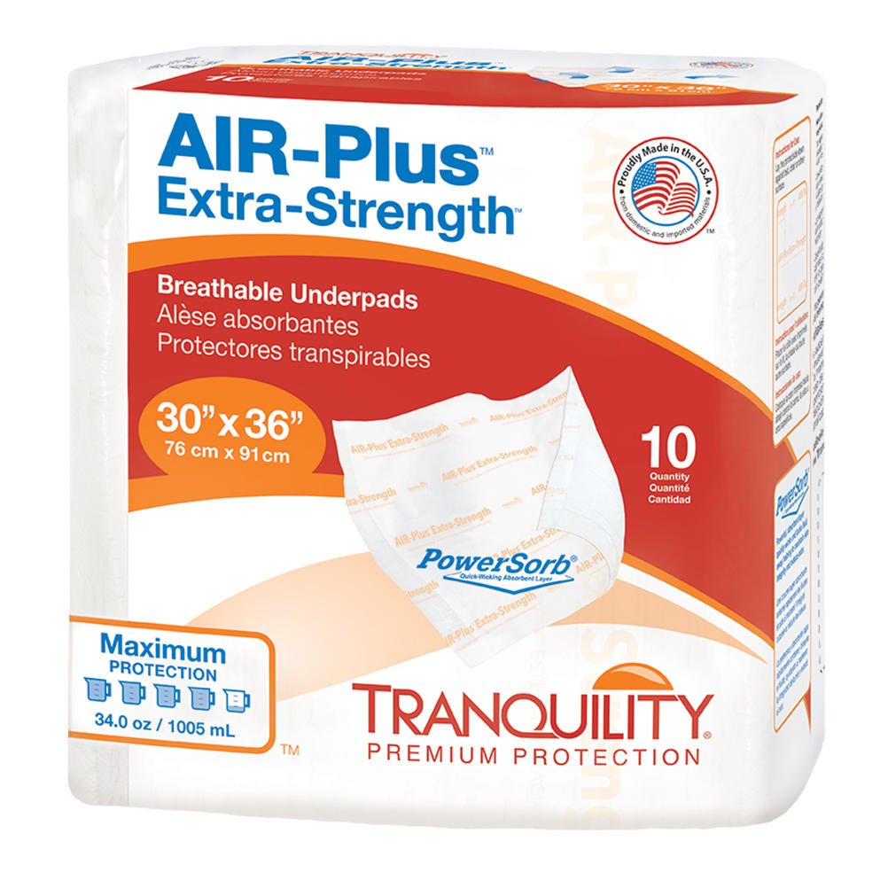 Tranquility AIR-Plus extra-strength underpads, 30"x36", pack of 10