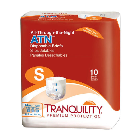 Tranquility ATN disposable briefs, size S, 10-count pack box