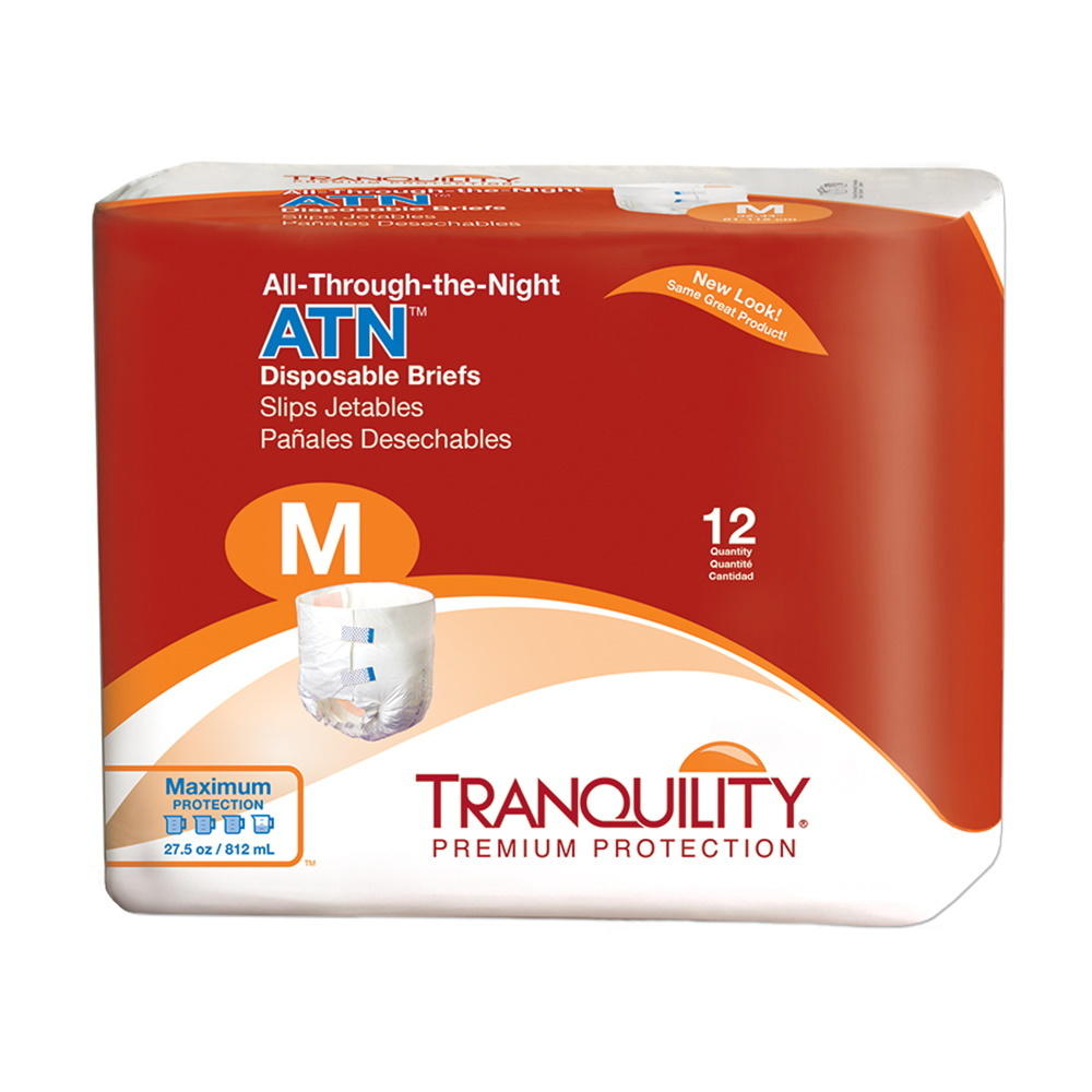 Tranquility ATN disposable briefs, size M, 12-count pack box