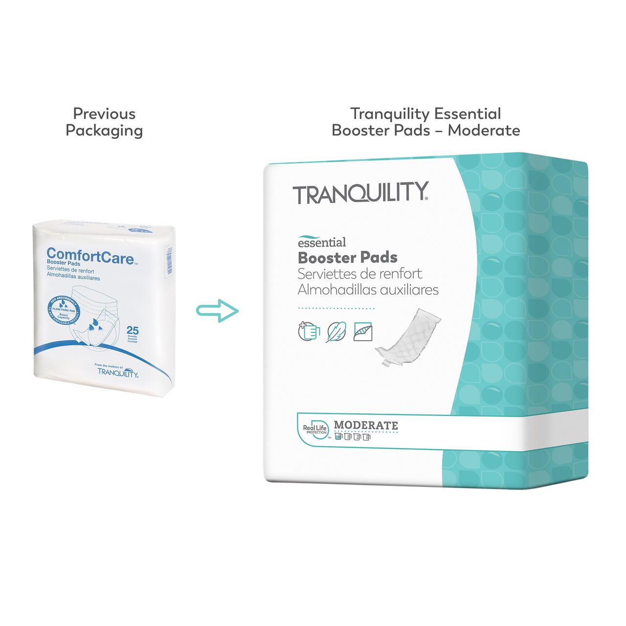 Tranquility essential booster pads moderate packaging update, previous to new box