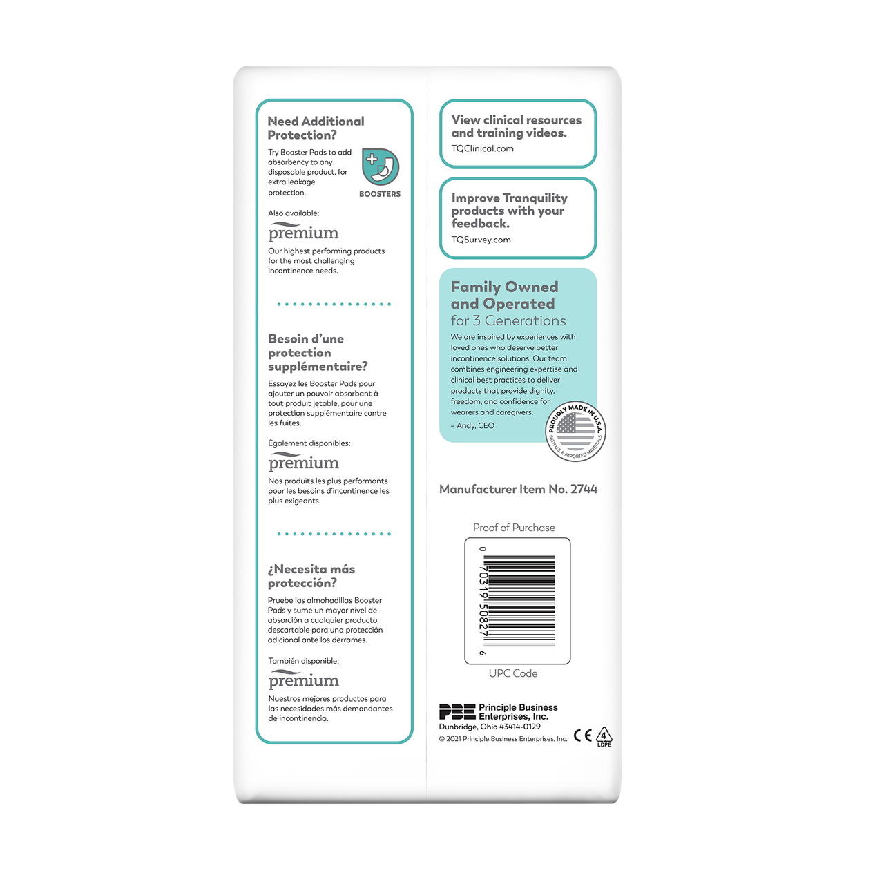 Back of breathable briefs package with QR code, UPC label, and business info
