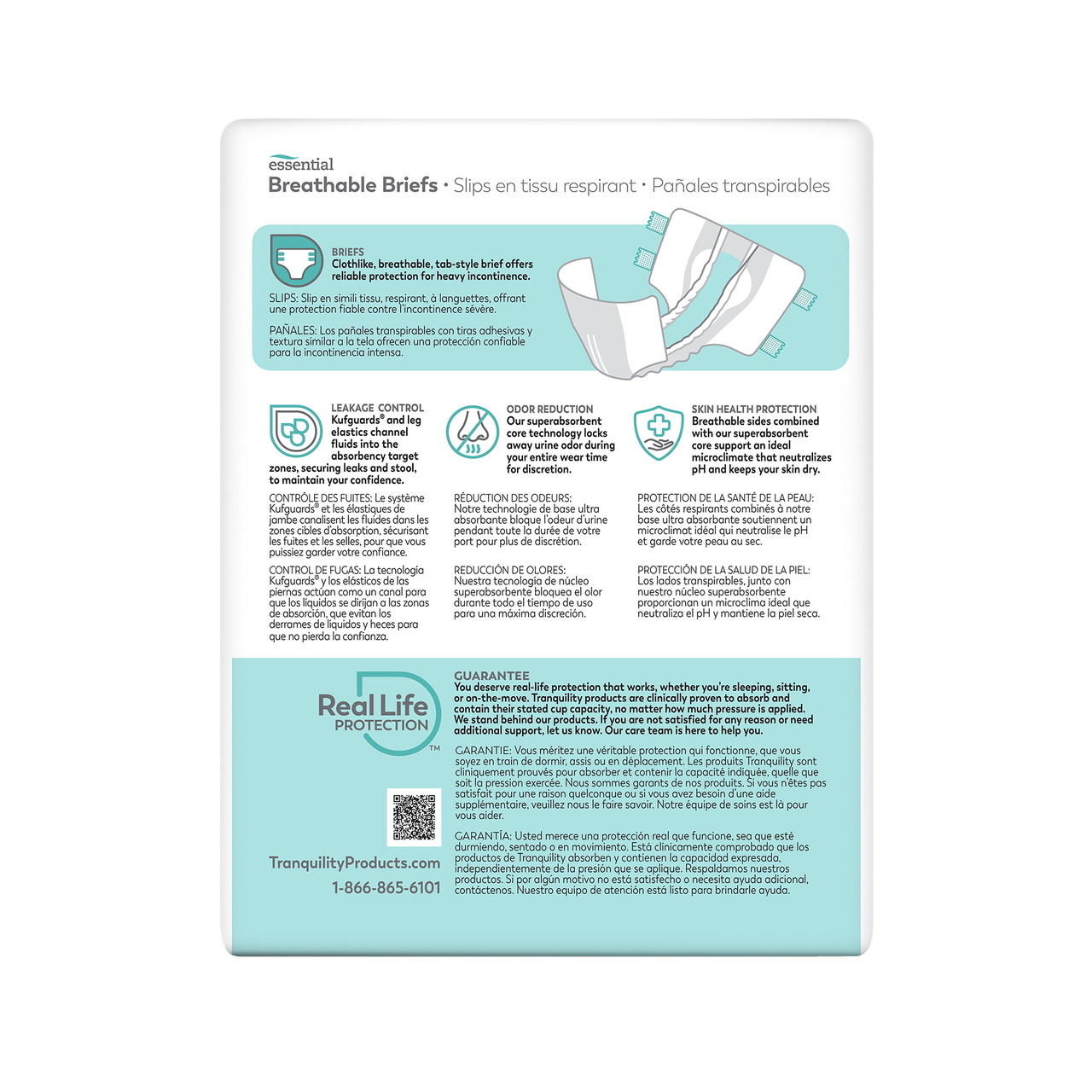 Breathable briefs package panel showing slip-on fit and leak control features