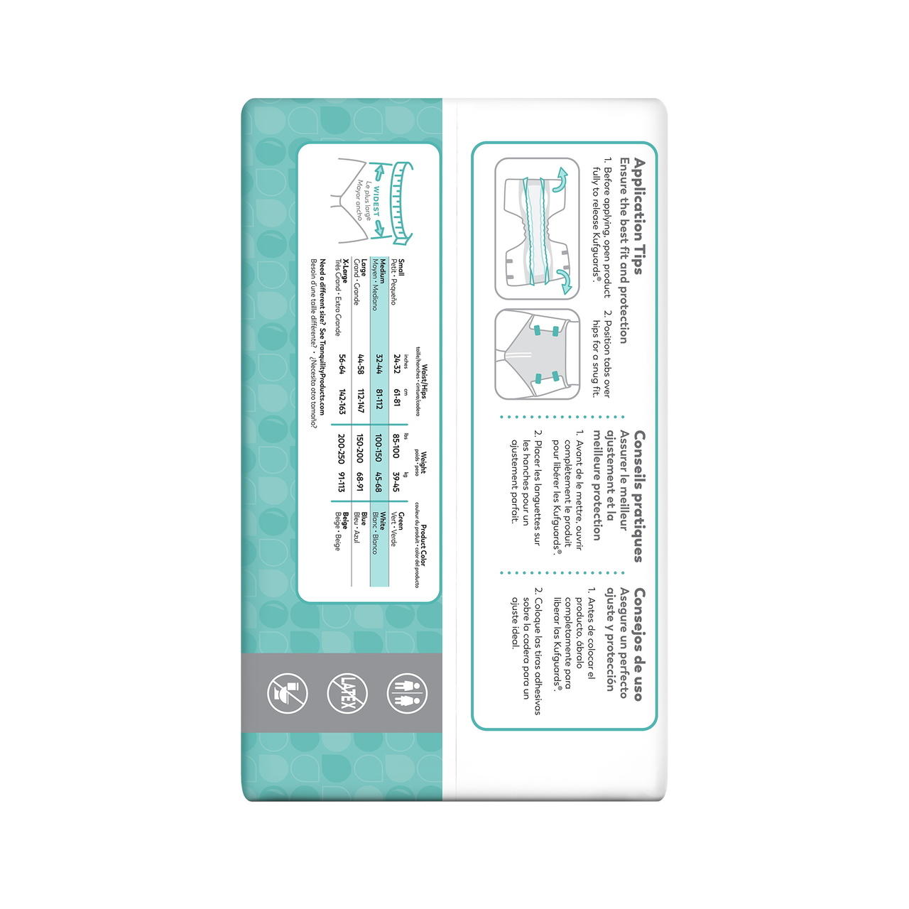 Back of breathable briefs package with size chart and application instructions
