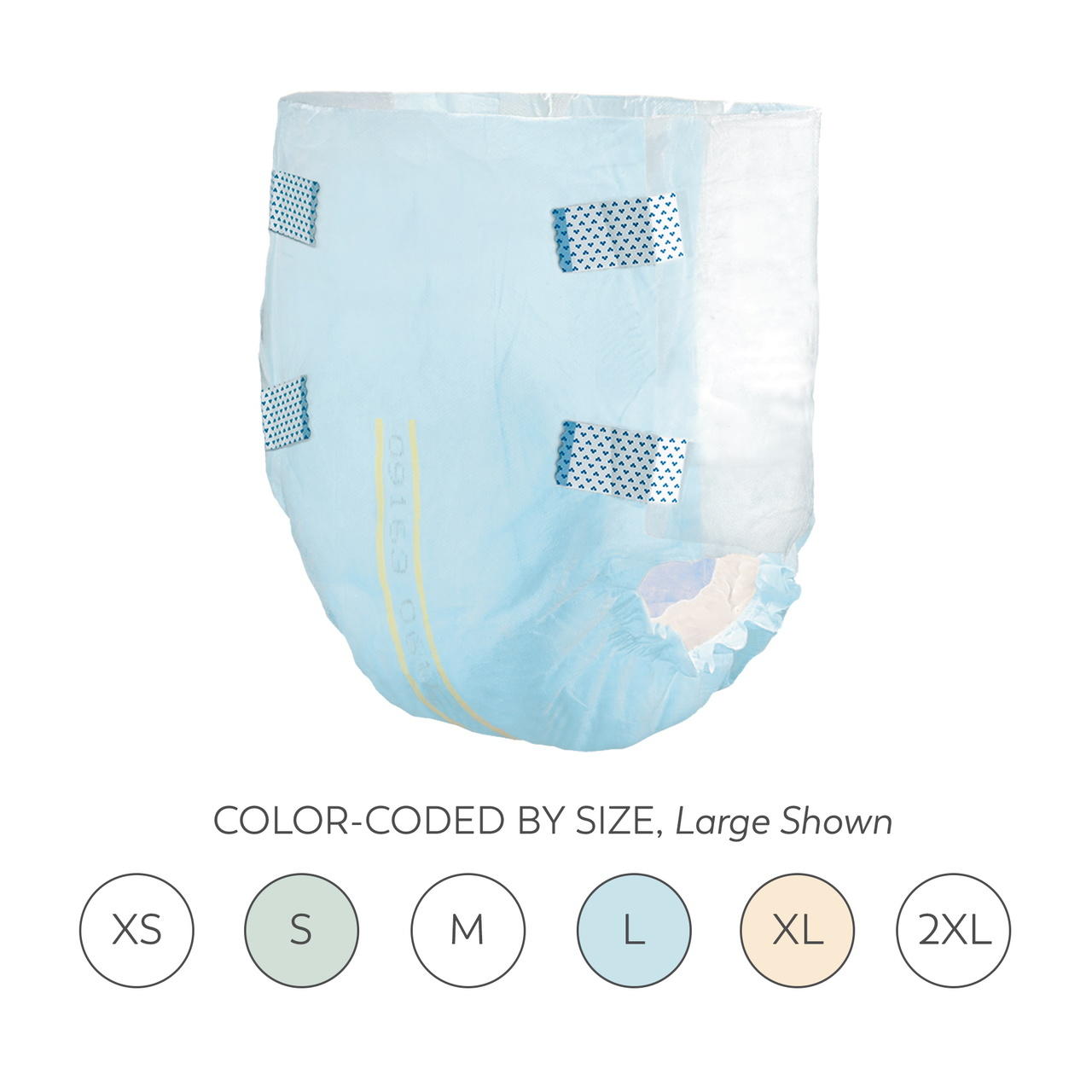 Light blue disposable breathable briefs, color-coded size L, side view