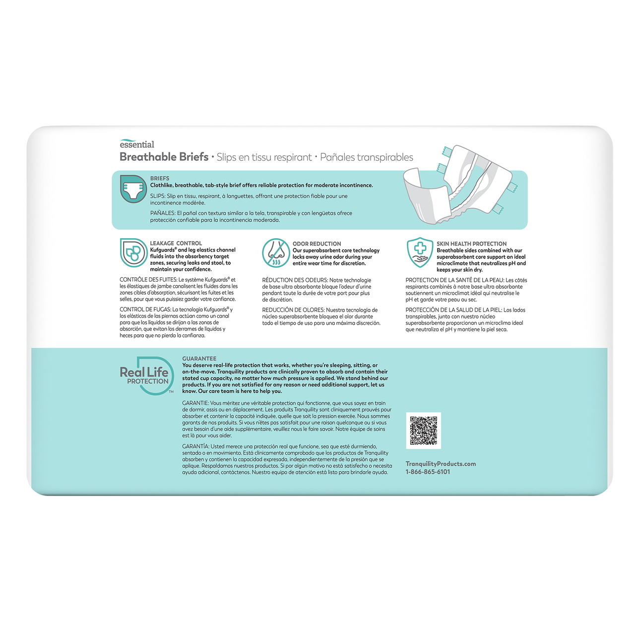 Essential Breathable Briefs package back panel with odor control and leak protection