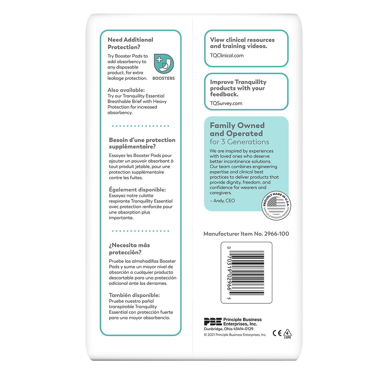 Briefs package back panel: protection features, clinical resources, barcode