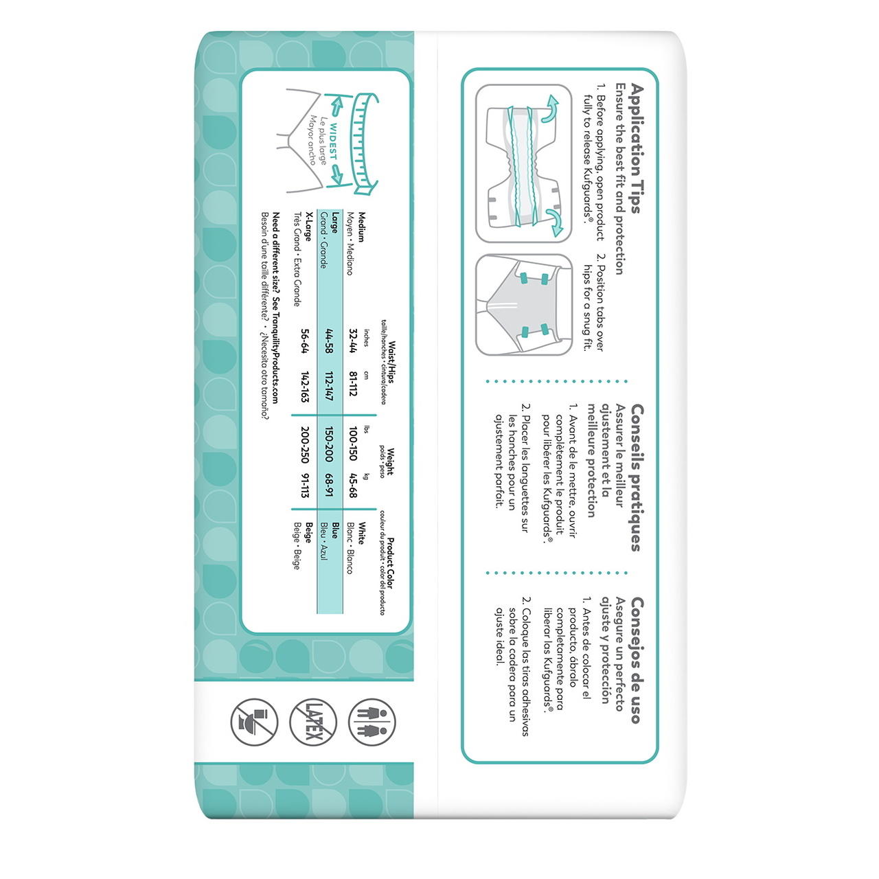 Briefs package back panel: application tips and absorbency/fit information