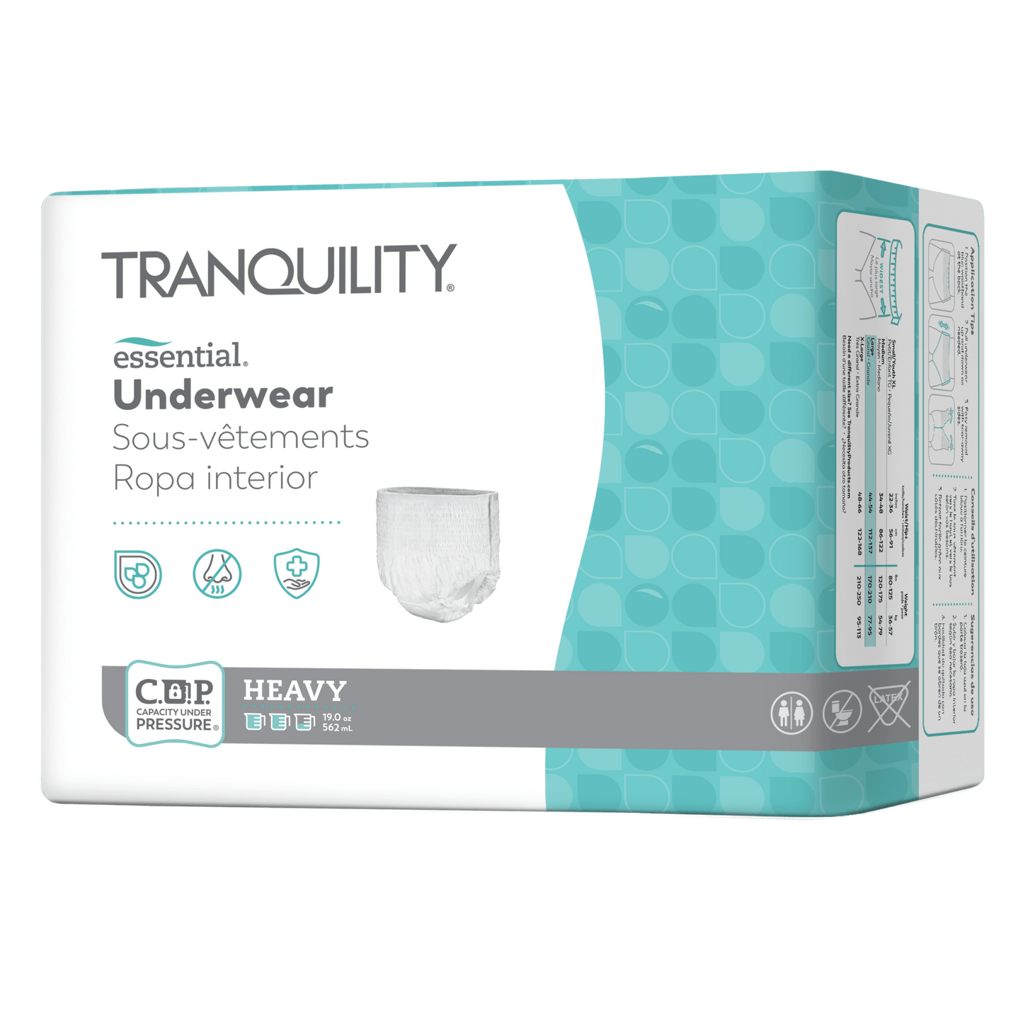 Tranquility essential heavy pull-on underwear package with small printed size panel