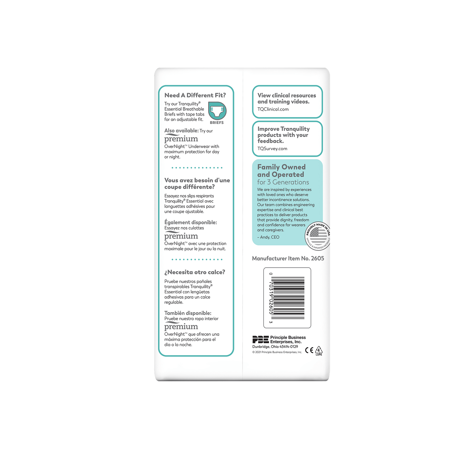 Tranquility essential heavy pull-on underwear package side panel with QR and barcode