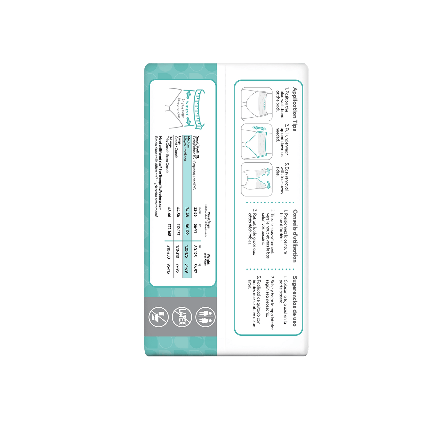 Tranquility essential heavy pull-on underwear packaging label panel with size and count