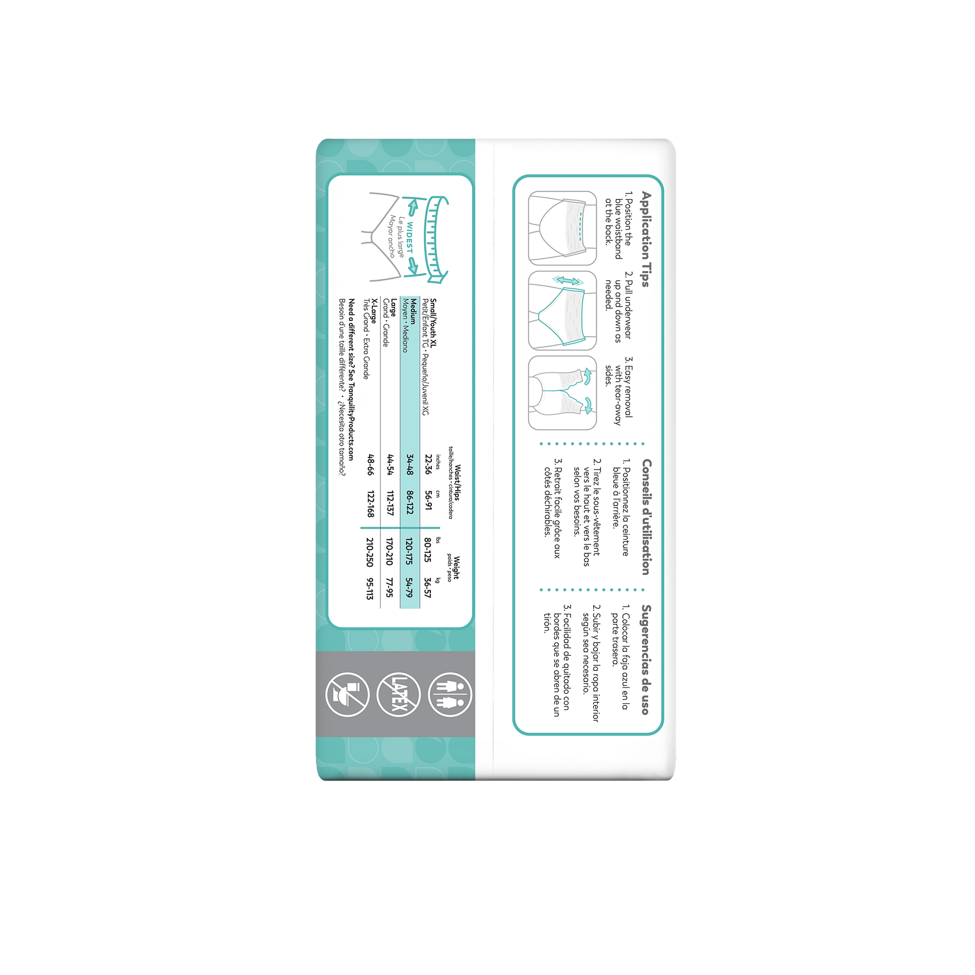 Tranquility essential heavy pull-on underwear packaging label panel with size and count