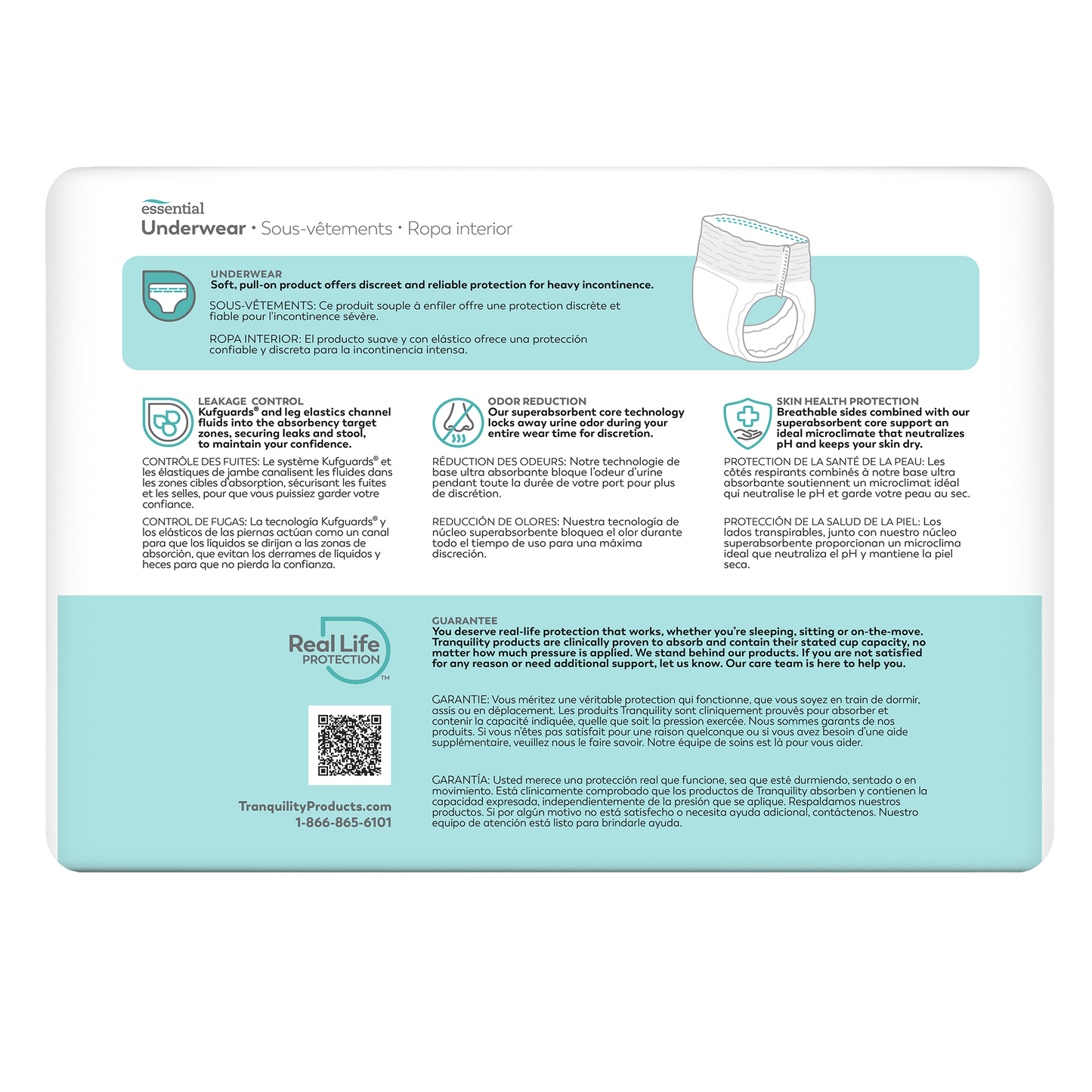 Tranquility essential heavy pull-on underwear package back panel with product feature text