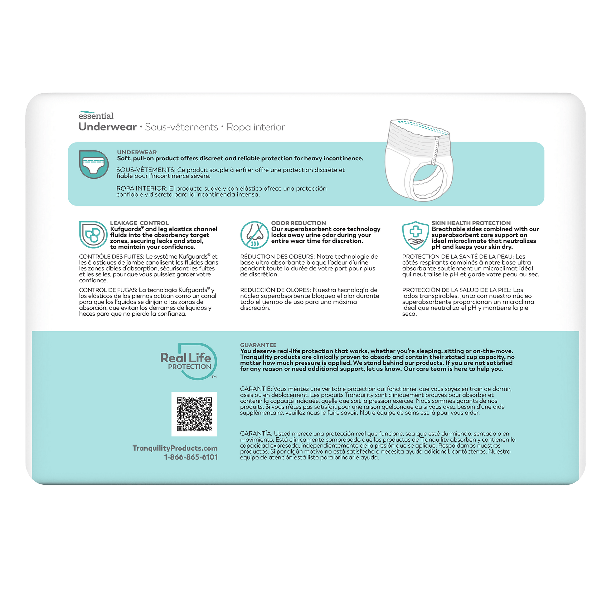 Tranquility essential heavy pull-on underwear package back panel with product feature text