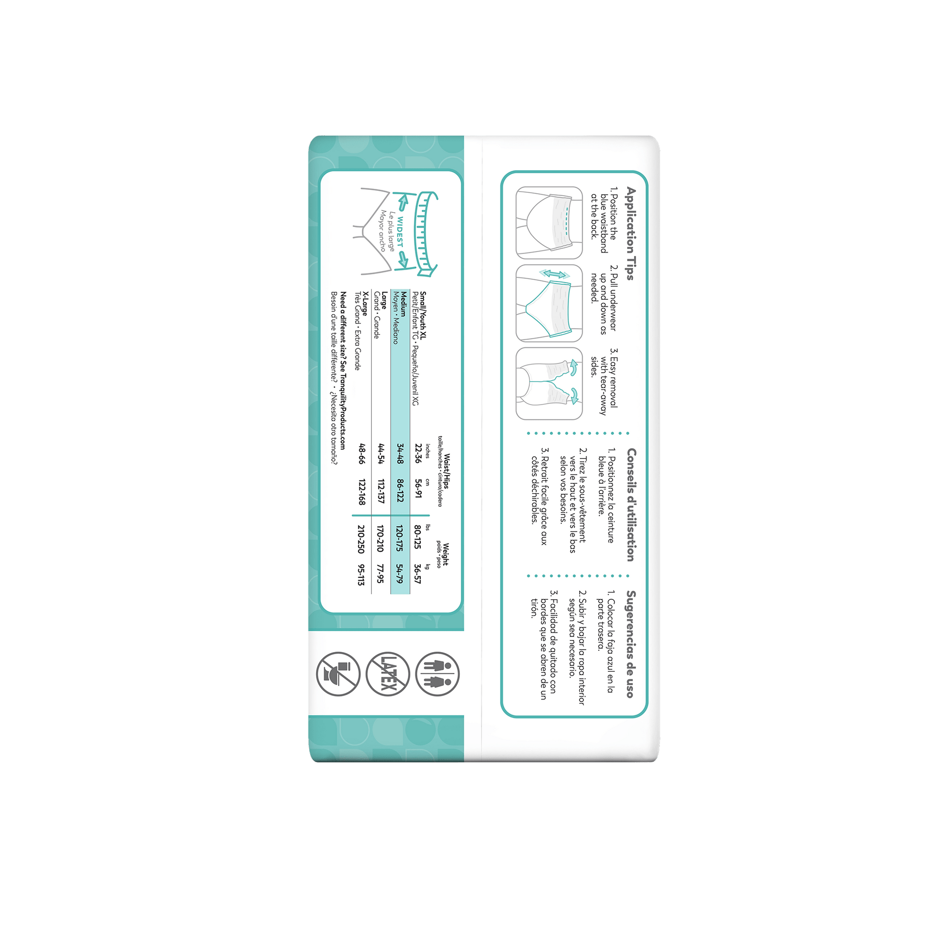 Tranquility Essential underwear box side panel with sizing chart and usage icons