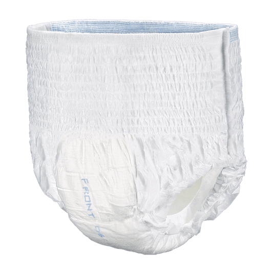 White pull-on underwear brief with elastic waistband and absorbent panel