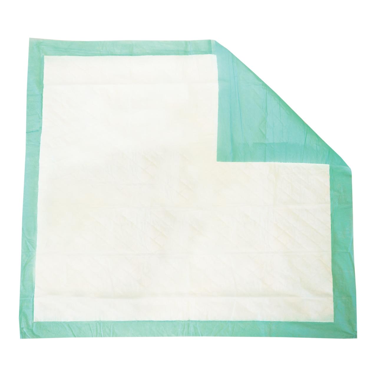 Moderate underpads, white absorbent pad with green border