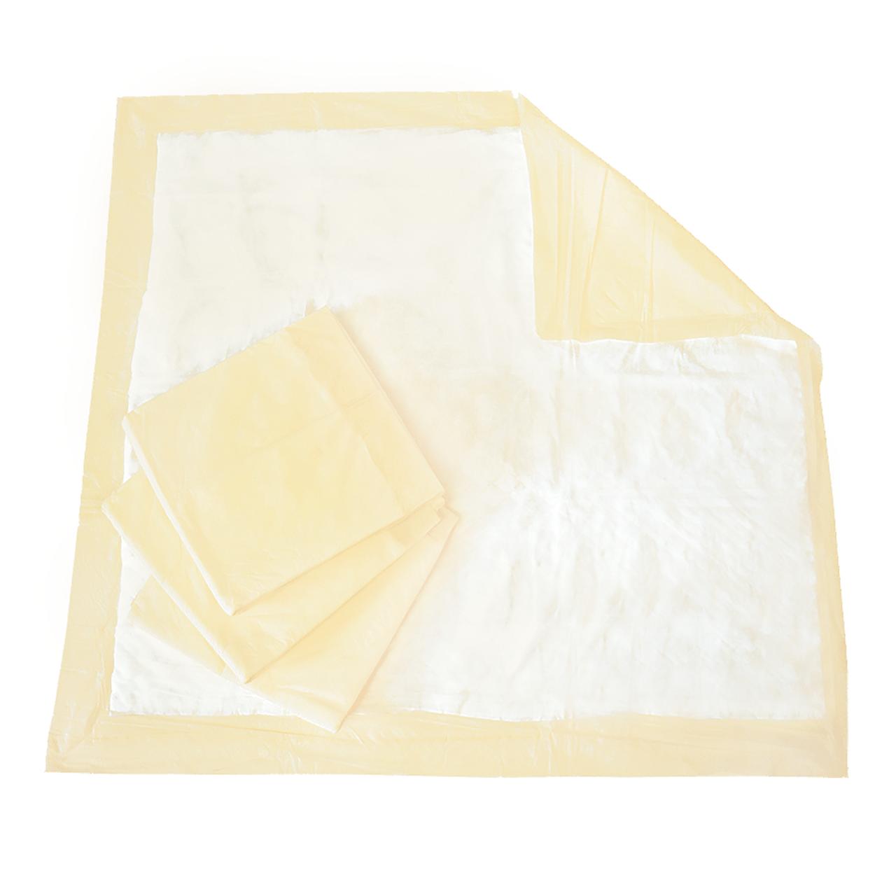 Moderate underpads, white pads with pale yellow border and stacked pieces