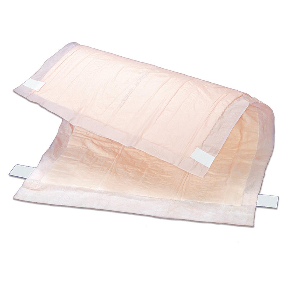 Folded peach heavy-duty underpad with white backing and attachment tabs