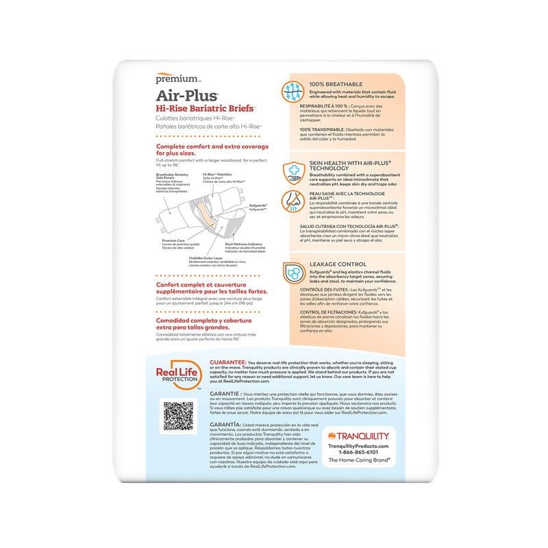 Back of package for Air-Plus high-rise bariatric briefs with comfort and coverage info