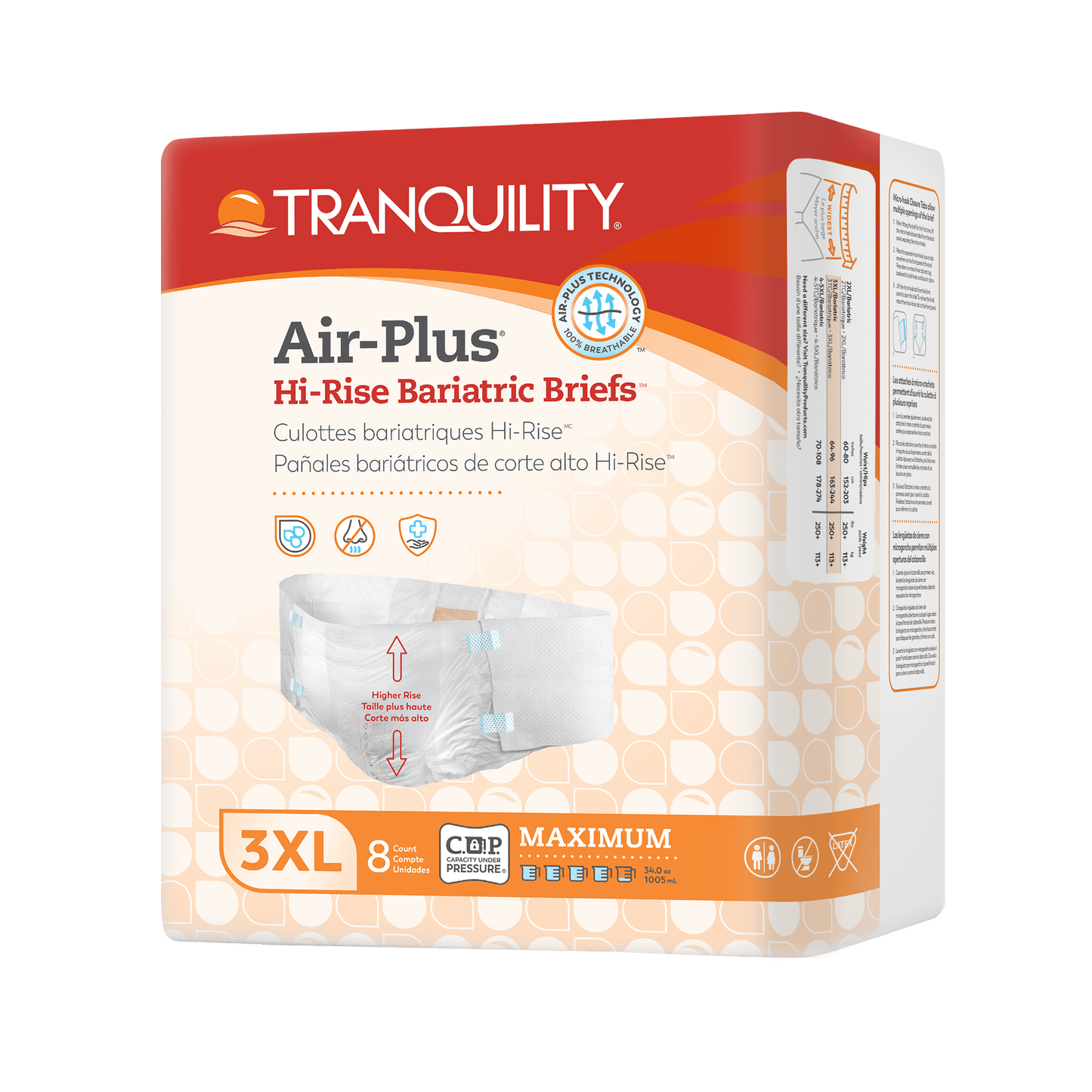 Tranquility Air-Plus high-rise bariatric briefs, 3XL, pack of 8, disposable adult briefs