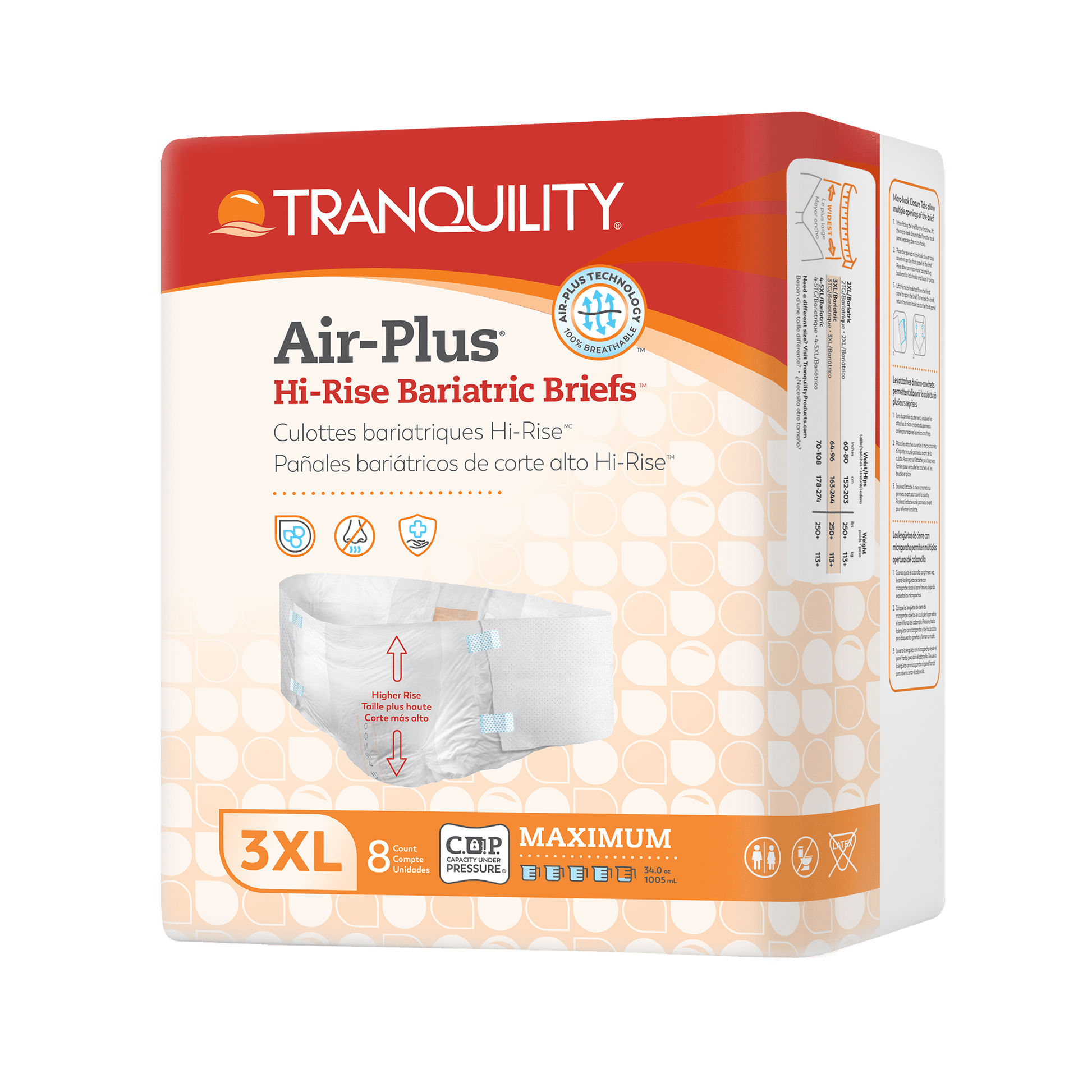 Tranquility Air-Plus high-rise bariatric briefs, 3XL, pack of 8, disposable adult briefs
