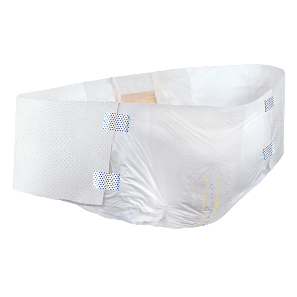 Side view of white disposable high-rise bariatric adult briefs with securing tabs