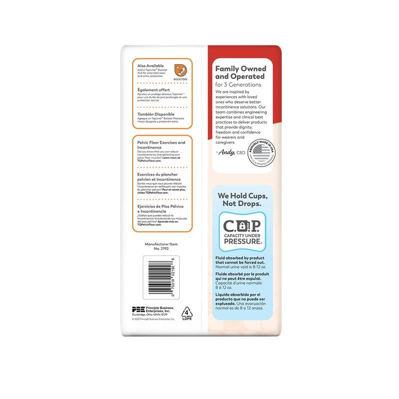 Package back panel with capacity under pressure and family owned info