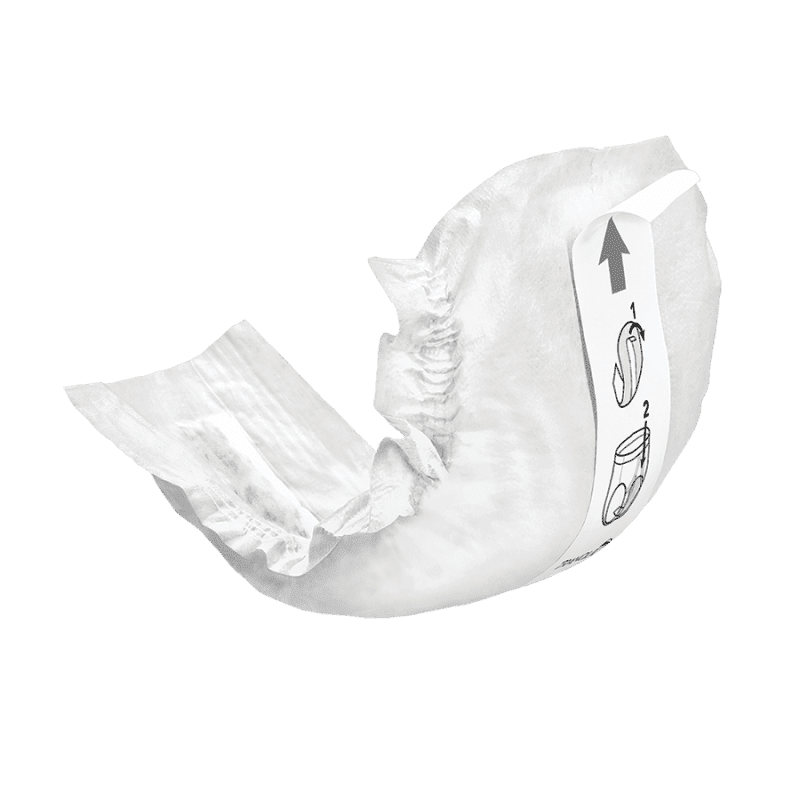 Male guard disposable absorbent underwear, folded white with placement arrows
