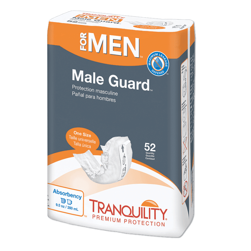 Tranquility Male Guard disposable protection, 52 count, one size (pack label visible)