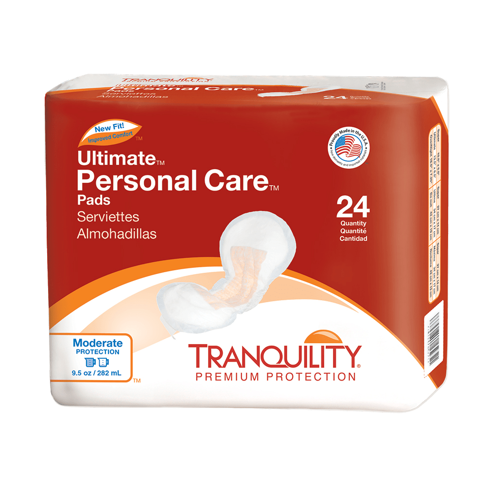Ultimate Personal Care Pads, pack of 24, red package with white pad graphic