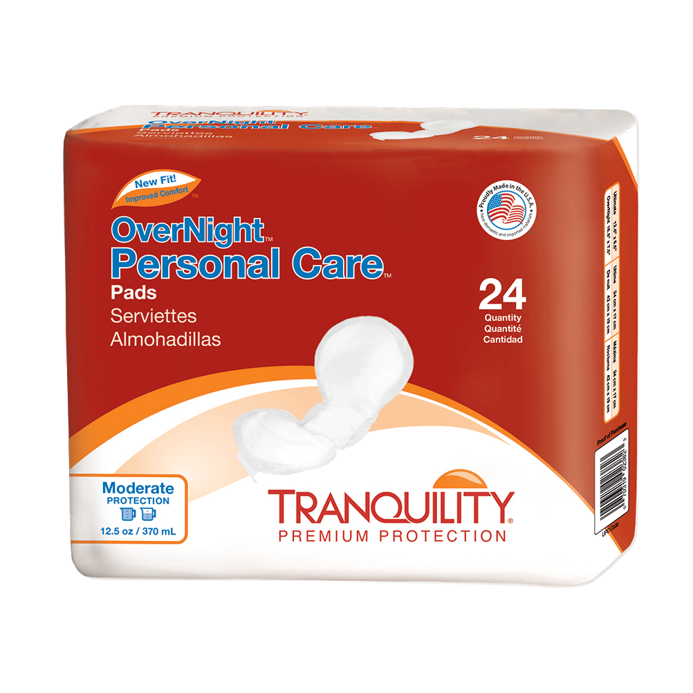 Overnight Personal Care Pads, pack of 24, red package with white pad graphic