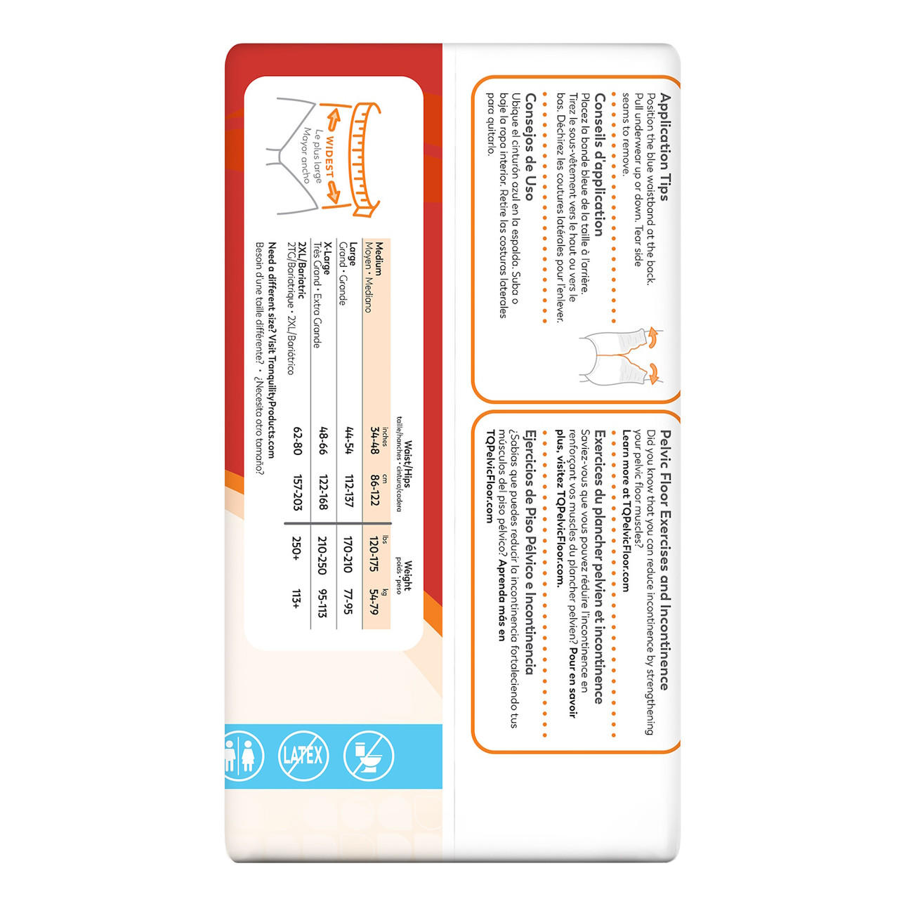 Packaging side with size and count chart for MD, LG, XL, and 2XL disposable underwear