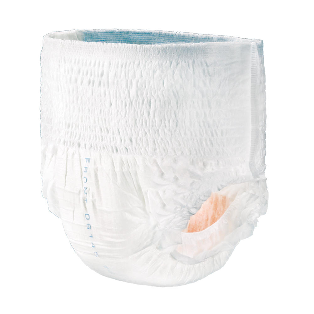 White disposable absorbent underwear with elastic waistband and leak-guard leg openings