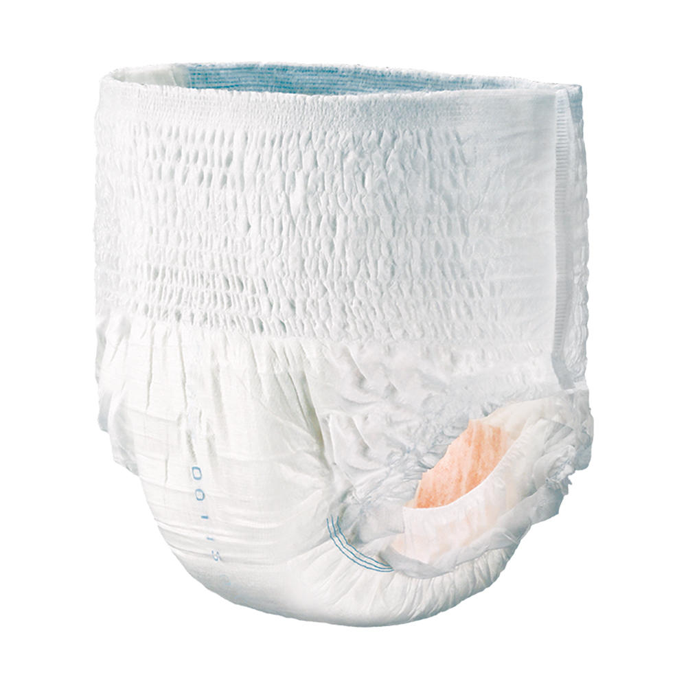 White disposable absorbent underwear with blue waistband and leg gathers (one garment)