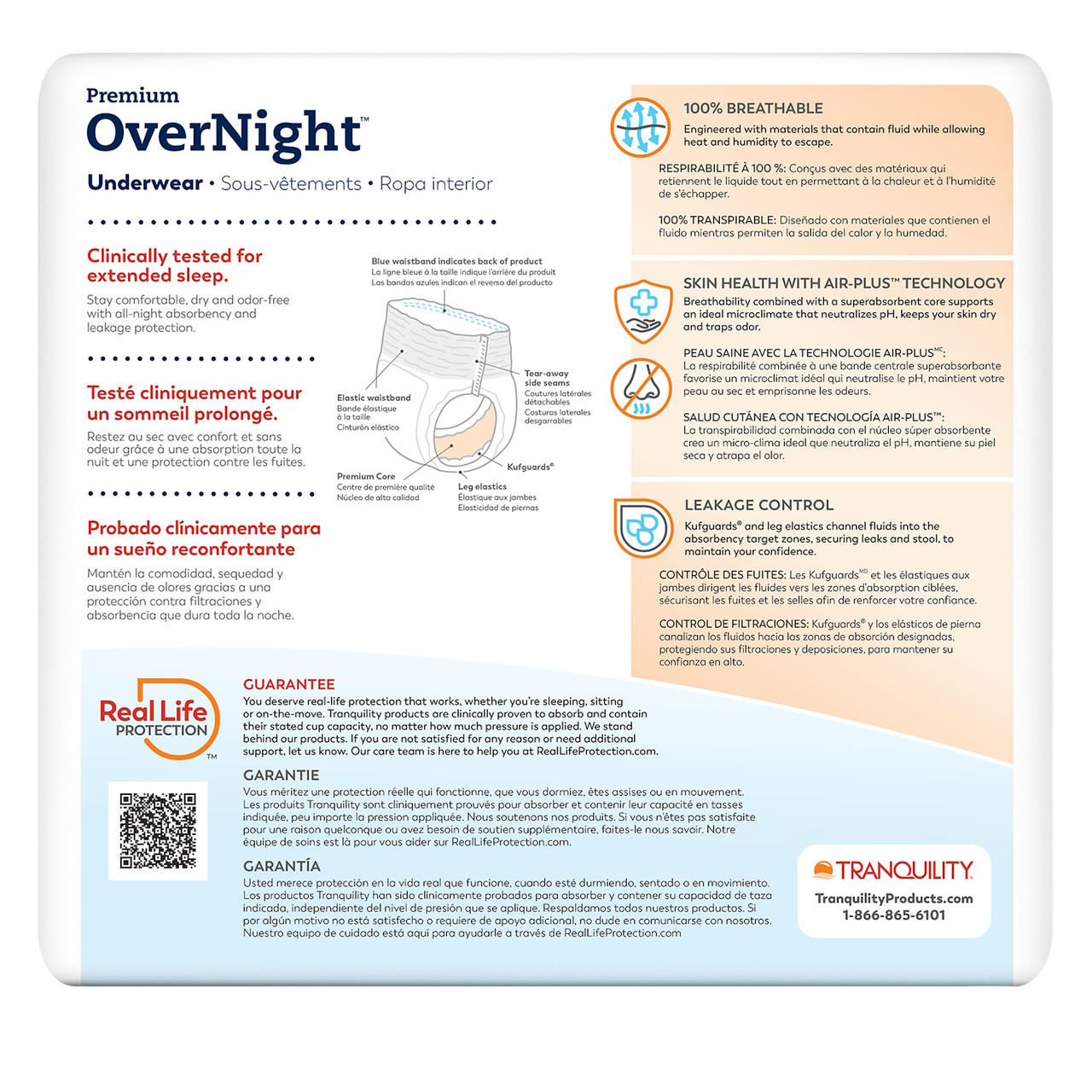 Premium OverNight disposable absorbent underwear package back with 100% breathable technology