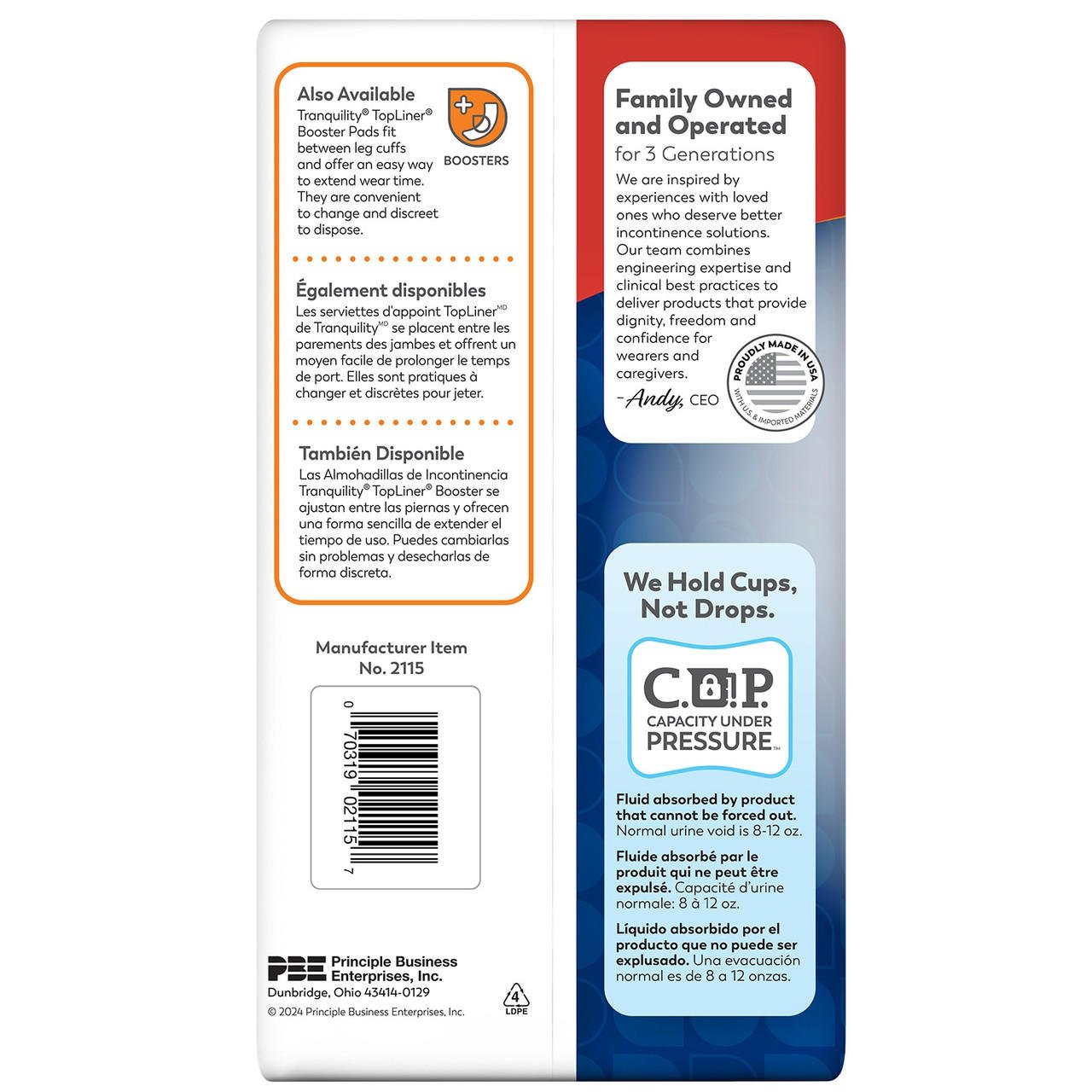OverNight disposable underwear package back with manufacturer details and absorbency info