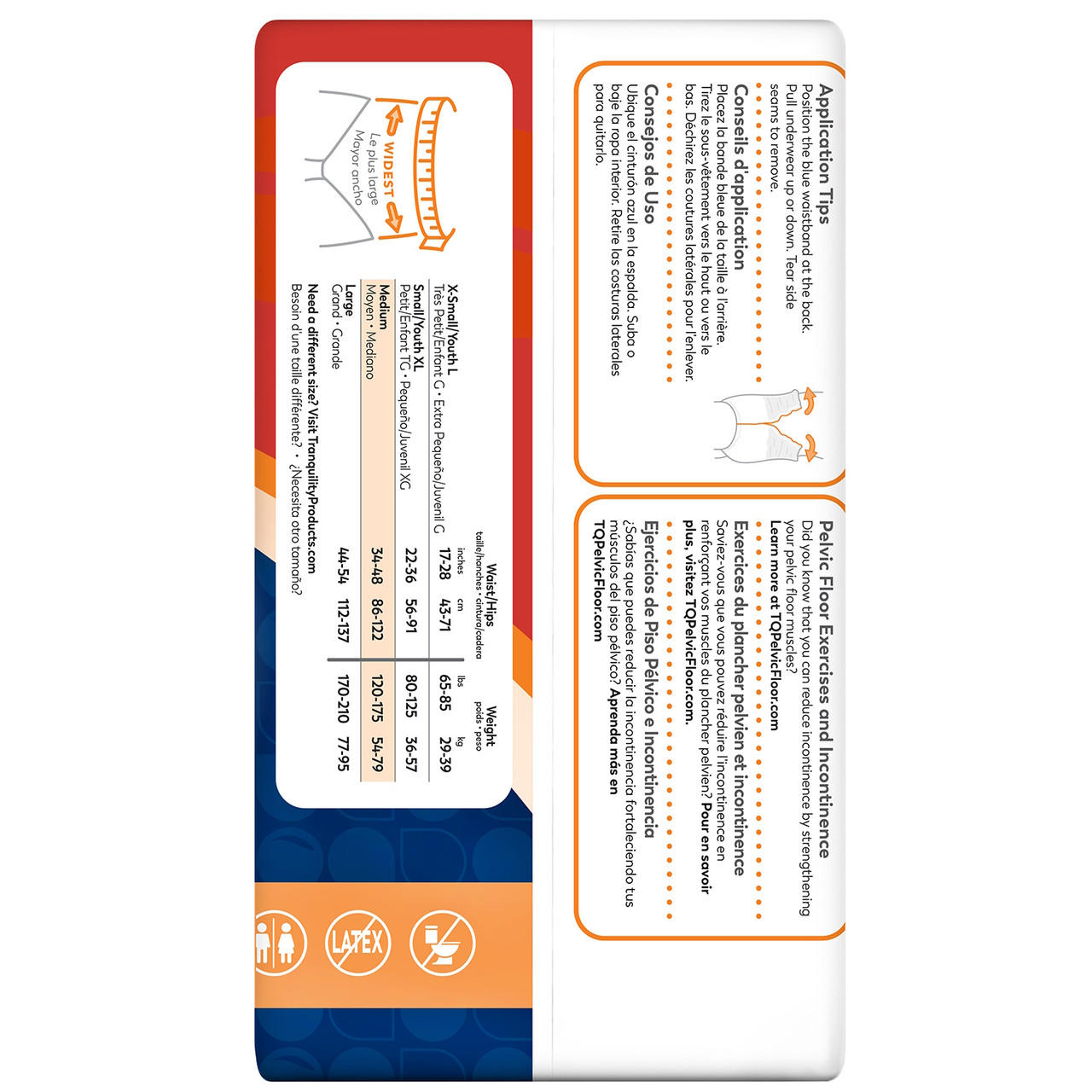 OverNight disposable underwear pack with side panel size and fit chart (various sizes)
